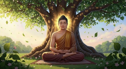 Sacred illumination: Buddha achieves enlightenment under Bodhi tree on Bodhi Day, symbolizing awakening, spiritual clarity, meditation practice mindful reflection, inner serenity, Buddhist celebration