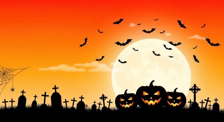 Get spooky this Halloween with a scene of glowing jack-o'-lanterns, bats flying across the full moon, and tombstones against an orange sunset sky
