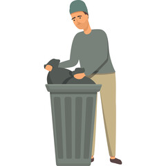 Sad young man in grey sweater beige pants and green beanie putting black trash bags into a grey bin...