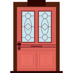 Salmon Colored Wooden Front Door With Decorative Glass Panes And Dark Brown Trim On A White...