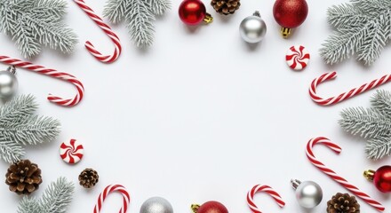  Winter holiday border of frosted pine branches, red and silver ornaments, candy canes, pine cones