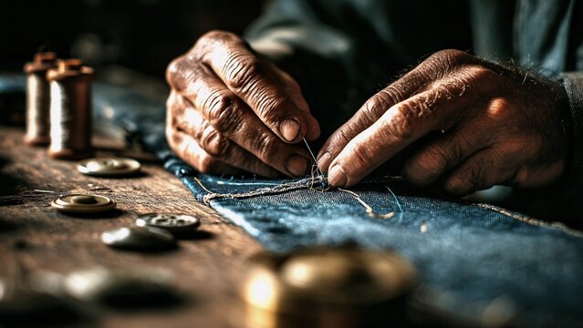 Skilled tailor's hands diligently mending torn blue denim fabric with a needle and thread, performing precise manual repair work on a rustic wooden table with buttons and spools of thread