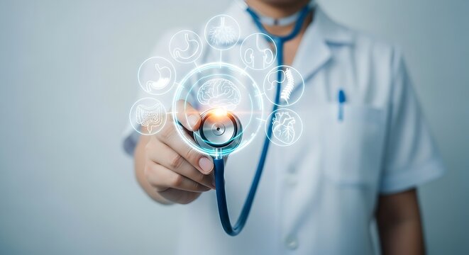 Doctor holding stethoscope with glowing medical icon.