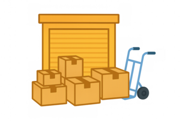Self storage unit with cardboard boxes and hand truck, symbolizing moving, delivery, and logistics concepts