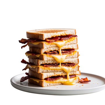 Tall stack of bacon grilled cheese sandwich isolated on transparent background
