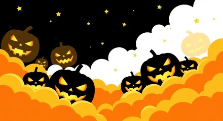 Spooky Halloween pumpkins glowing in the night sky with orange clouds and festive stars, perfect for holiday promotions and party invitations