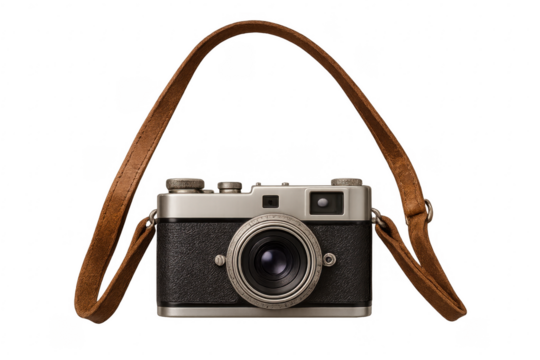 Vintage film camera with leather strap on transparent background