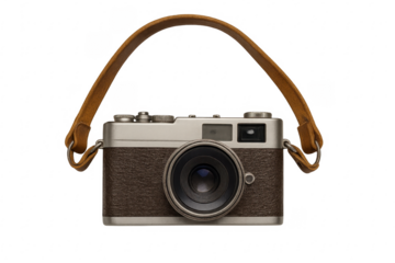 Vintage camera with leather strap on transparent background
