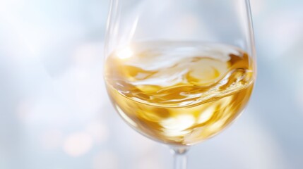 Obraz premium A close-up of a wine glass filled with golden liquid. The glass is elegantly shaped, reflecting light with a soft bokeh background.