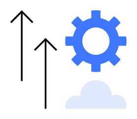 Blue gear, cloud, and upwards arrows representing progress, growth, technology, and innovation. Ideal for business, development, digital transformation cloud computing productivity strategy