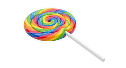 Vibrant rainbow swirl lollipop with a crisp white stick on transparent background
