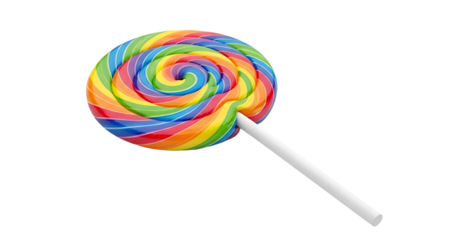 Vibrant rainbow swirl lollipop with a crisp white stick on transparent background