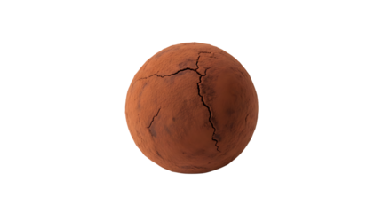 Cracked earth sphere covered in brown dust, presented on transparent background