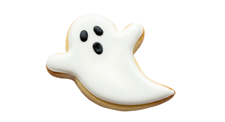 Halloween ghost-shaped sugar cookie with white icing and black eyes isolated on white background — festive dessert concept for spooky celebration, bakery branding, seasonal design, or holiday advertis