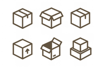 Isometric shipping box icons showing various cardboard containers, open, closed, packed, delivery service elements