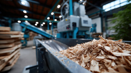 A close-up view of sawdust collected in an industrial environment, showcasing the processes involved in wood manufacturing and highlighting ecological aspects.