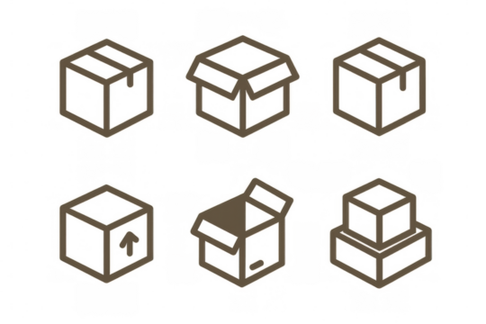 Isometric shipping box icons showing various cardboard containers, open, closed, packed, delivery service elements