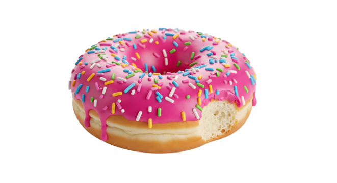 Mouthwatering donut with pink icing and sprinkles on transparent background
