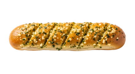 Delicious golden garlic bread loaf with herbs and cheese on transparent background
