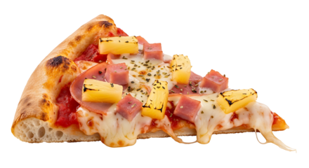 Delectable Hawaiian pizza slice with pineapple and ham on transparent background