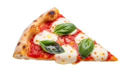 Appetizing Neapolitan pizza slice with fresh basil leaves on transparent background