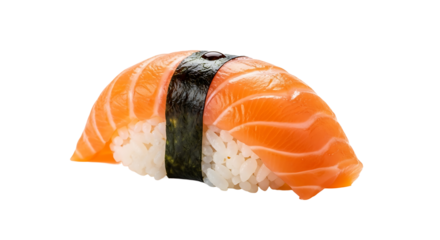 Appetizing salmon nigiri with soy sauce detail on transparent background