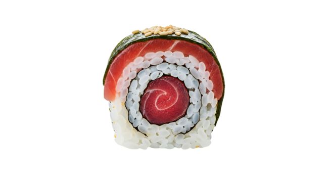 Delicious tuna sushi roll beautifully presented macro photograph on transparent background