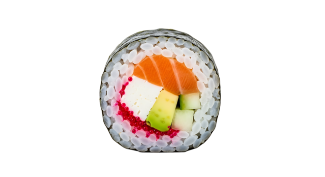 Exquisite inside-out sushi roll with salmon and caviar on transparent background