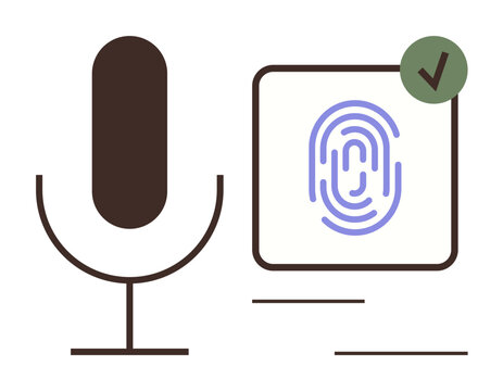Microphone alongside fingerprint scanned with green checkmark approval. Ideal for technology, security, authentication, privacy, identity, access control, and user experience. Simple flat metaphor