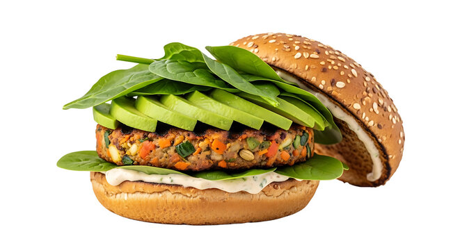 Delicious vegan burger with fresh toppings displayed beautifully on transparent background