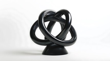 Black Abstract Intertwined Rings Sculpture on White Background.