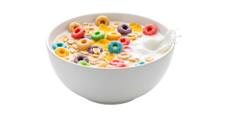Vibrant cereal rings and flakes swimming in milk, splash effect on transparent background
