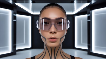 Futuristic woman with cybernetic markings and visor in glowing modern space