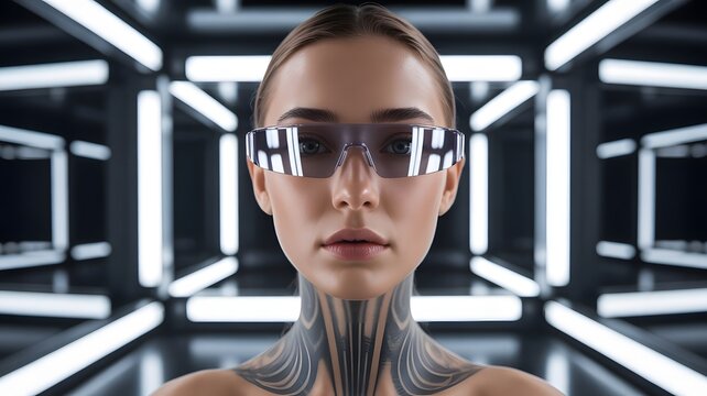 Futuristic woman with cybernetic implants and tech glasses - Powered by Adobe