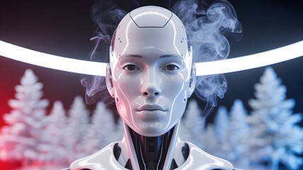 Futuristic android face with smoke and neon lights