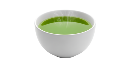 Steaming green matcha tea elegantly presented in white bowl on transparent background