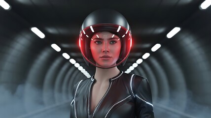Futuristic woman in neon helmet and leather suit in tunnel