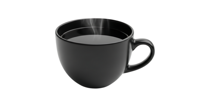 Dark and glossy steaming coffee mug presented on transparent background