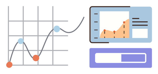 Line chart with data points, dashboard interface with bar graph and progress bar. Ideal for business analytics, performance tracking, growth trends, financial insights, statistics, data