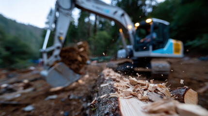 Naklejka premium A dynamic scene of an excavator at work on log processing, with chips flying from the wood, emphasizing the action and intensity of wood removal in a logging environment.