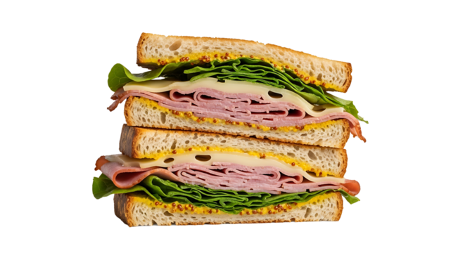 Stacked ham and cheese sandwich with lettuce and mustard on transparent background