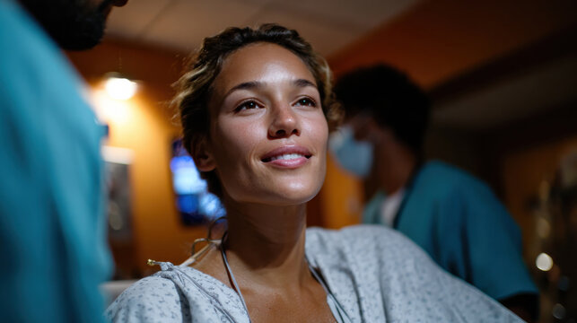 A patient wearing a medical gown and a warm smile, encapsulating the emotional resilience and hopefulness often experienced during healthcare journeys.