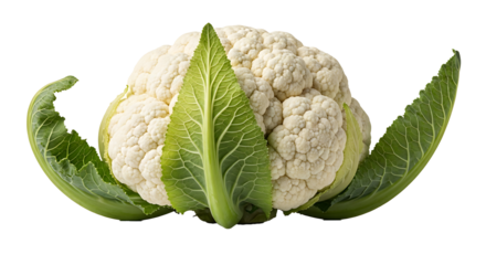 Fresh cauliflower head with vibrant leaves and texture on transparent background