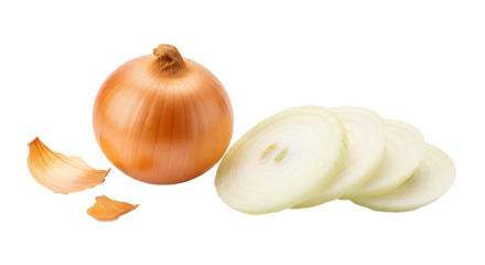 Golden onion with rings and peel isolated on transparent background