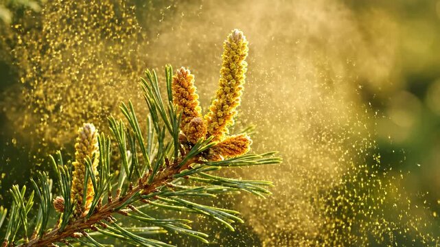 Spring's Golden Dust: The image captures a close-up of a coniferous branch, with its budding yellow pollen delicately released, illustrating the renewal of nature. 