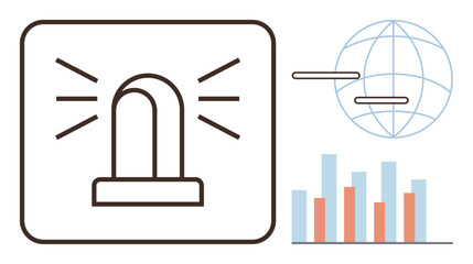 Warning alert with flashing signal, globe outlining data exchange, and bar chart indicating analytics. Ideal for cybersecurity, emergency response, data management, global network, analytics, risk