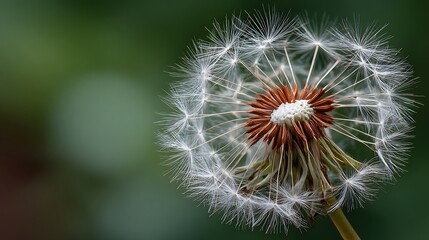 Fototapeta premium Closeup of Dandelion Seed Head with White and Brown Details Against Green Background.