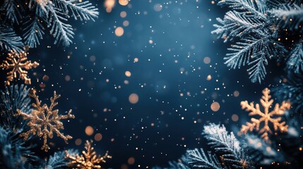 Fototapeta premium Holiday themed border design featuring golden glitter snowflakes and frosted pine branches with bokeh lights on a deep blue winter background.