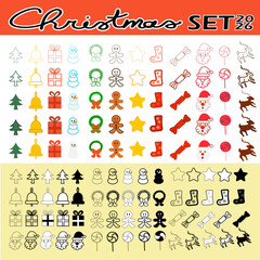 Christmas set 2026 vector Icons. Thin line, bold line and color icons collection. Christmas tree, bell, gift, snowman, wreath, star, sock, candy, gingerbread, candy cane, reindeer. 