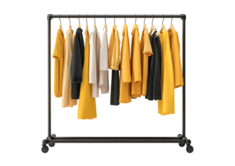 Stylish Yellow and Black Clothes Collection on Industrial Garment Rack isolated on a transparent background